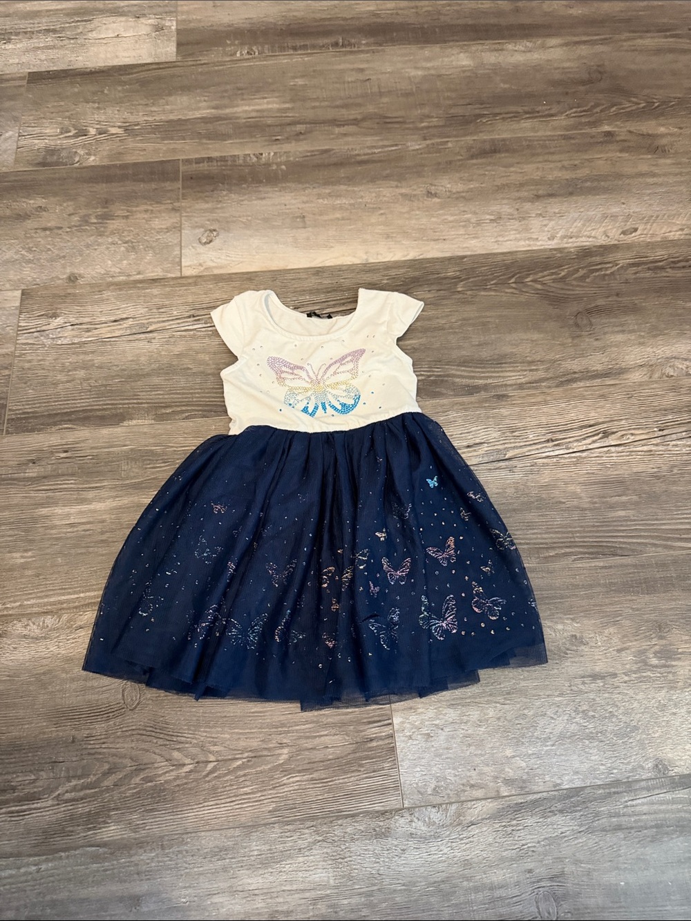 Zunie Girls Butterfly Tulle Dress - White Top Navy Skirt